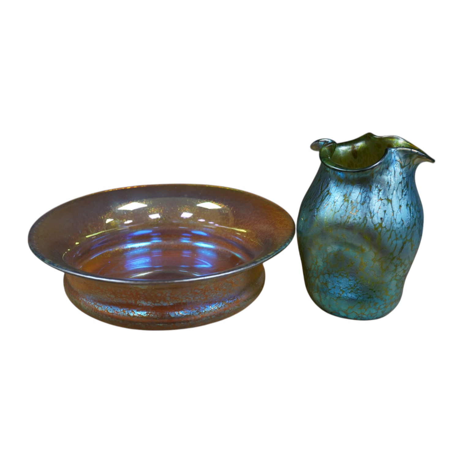 A Loetz Creta Papillon pinched glass vase and a similar dish, largest 21cm diameter. Condition - good